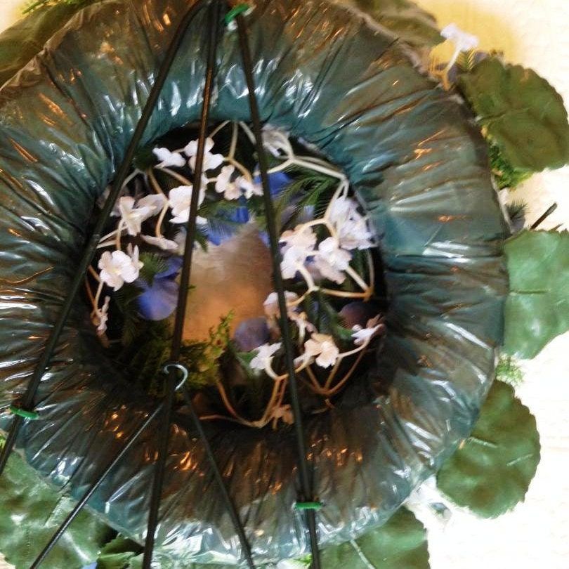 Cemetery WREATH on easel in BLUE Silks Large Deluxe  for grave-site presentation in remembrance of loved ones -