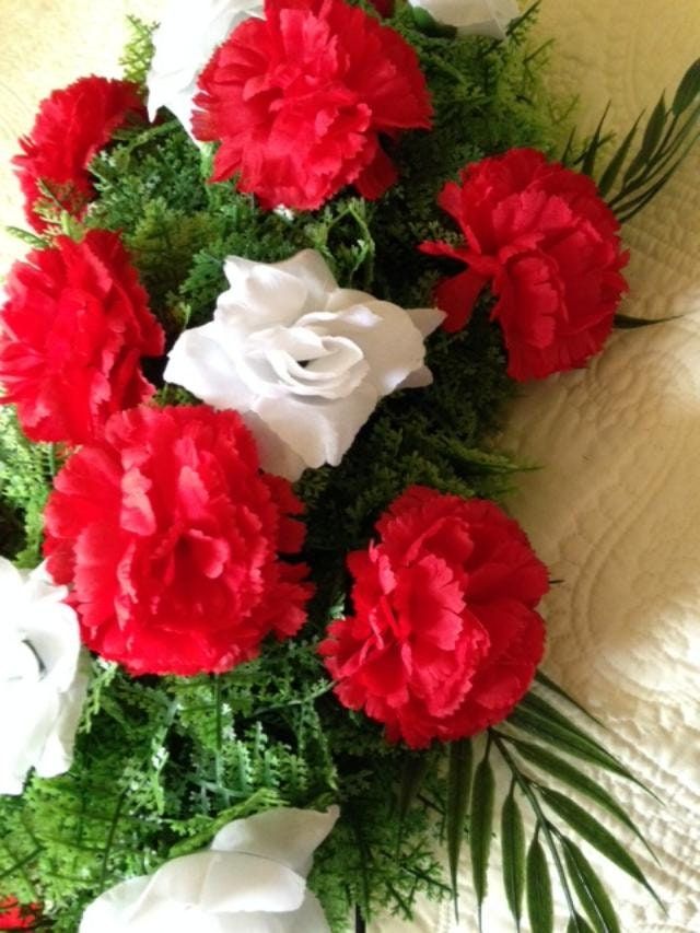 Cemetery SILK FLOWER SPRAY easel mounted in Large Red & White for Grave-site Presentation in Remembrance of Loved Ones -