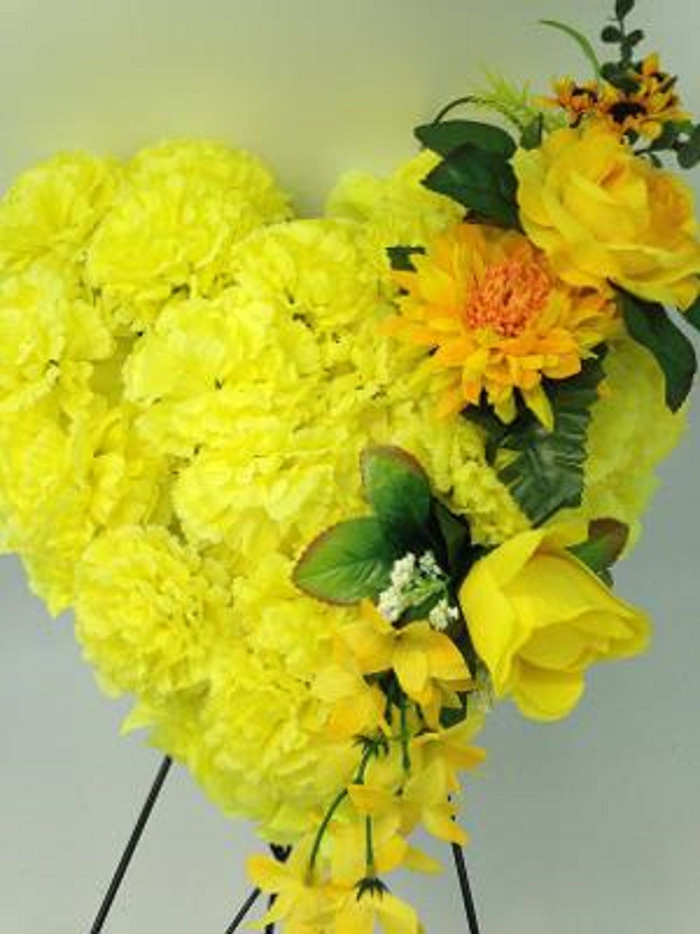 FLOWER Cemetery HEART on easel in Silk Yellow Roses & Carnations for grave-site presentation in remembrance of loved ones -