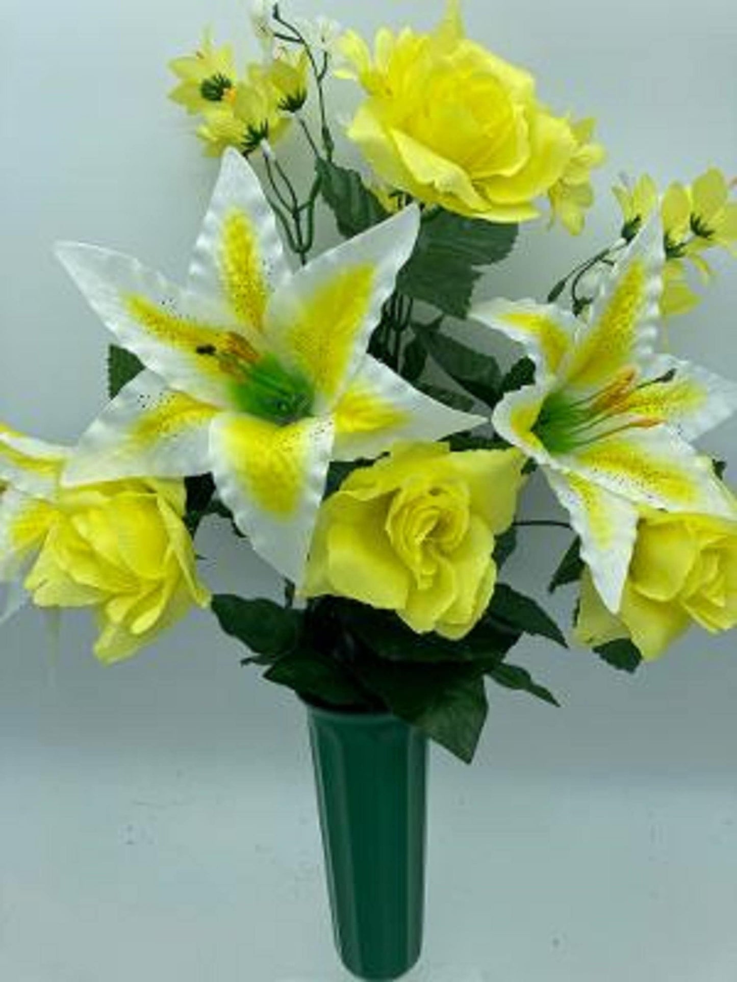 BOUQUET VASE of YELLOW Roses and White Tiger Lilies for Grave-site Presentation in Remembrance of Loved Ones Or Home Garden Use