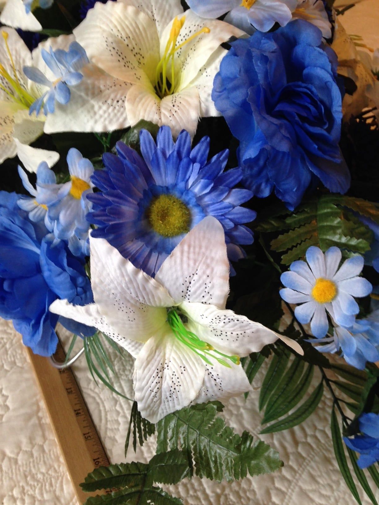 FLOWER Cemetery SADDLE in Deluxe Silk BLUE for Grave-site Presentation in Remembrance of Loved Ones.