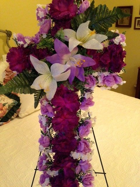 Cemetery Flower CROSS on Easel in Silk Purple Roses & Carnations for Grave-site Presentation in Remembrance of Loved Ones -