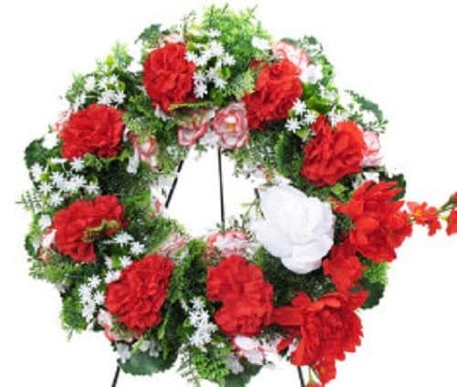 Cemetery WREATH on Easel in Silk RED Roses & Carnations for grave-site presentation in remembrance of loved ones -