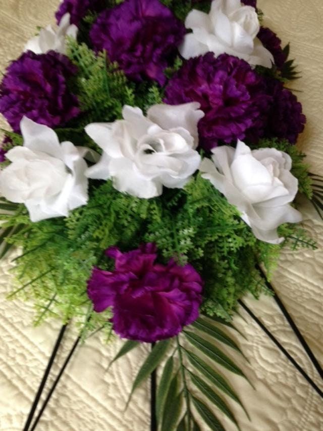 Cemetery SPRAY of SILK Flowers, easel mount in PURPLE for Grave-site Presentation in Remembrance of Loved Ones. Easel Mounted