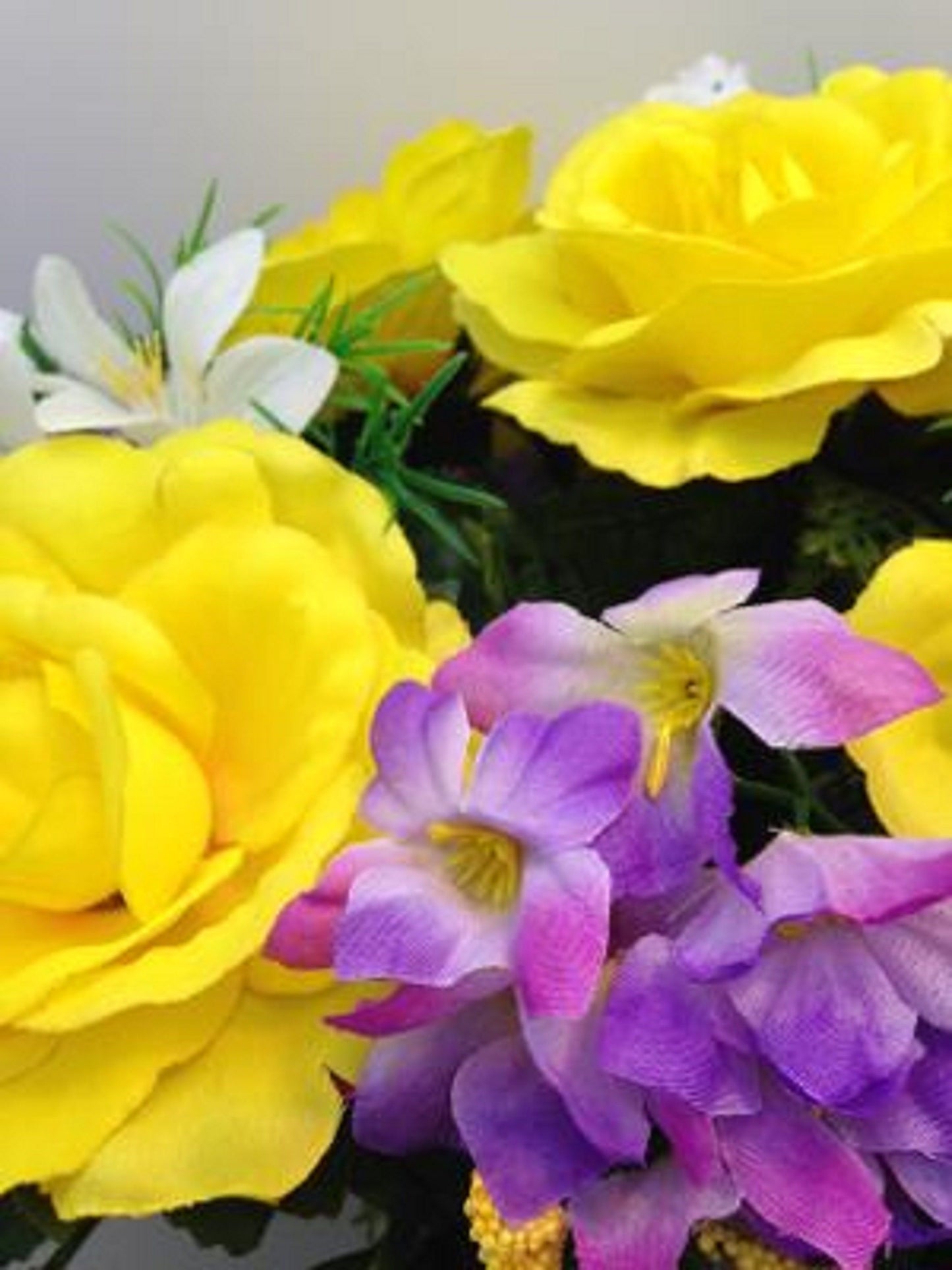 Cemetery Silk FLOWER SADDLE for Headstone Mounting in YELLOW for Grave-site Presentation in Remembrance of Loved Ones -