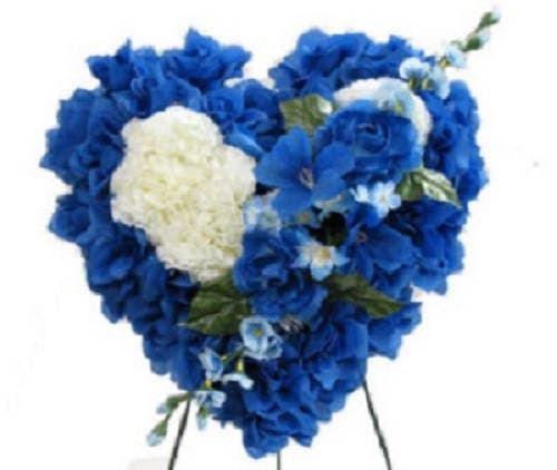 FLOWER Cemetery HEART on EASEL in Silk Blue Roses & Carnations for grave-site presentation in remembrance of loved ones. Easel Mounted