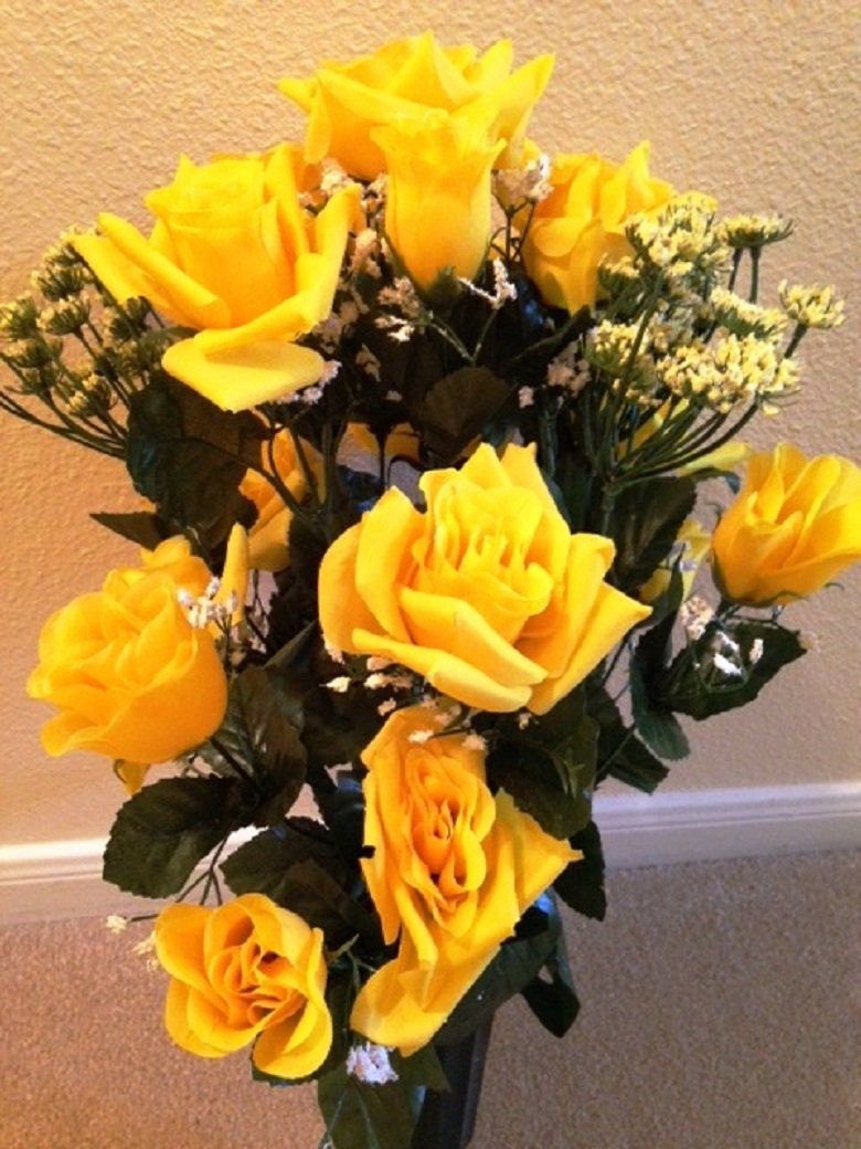 Cemetery VASE Silk ROSES in Yellow for Grave-site Presentation in Remembrance of Loved Ones -