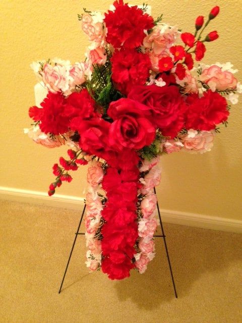 Cemetery SILK FLOWER CROSS in Red Deluxe Easel Mount for Grave-site Presentation in Remembrance of Loved Ones -
